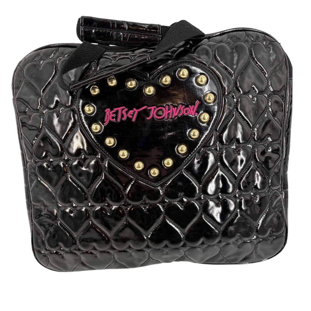 Betsey Johnson Black Patent‎ Heart Quilted Satchel Bag